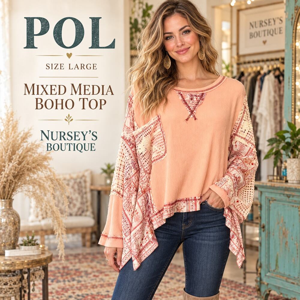 POL Boho Patchwork Lace Mixed Media Oversized Top Peach Size Large
